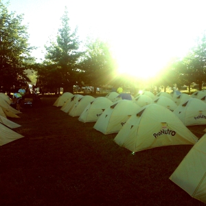 Morning breaking over the race village and tents. Complete with dew. 