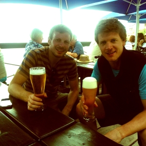 Well-earned beer in Hermanus at the finish